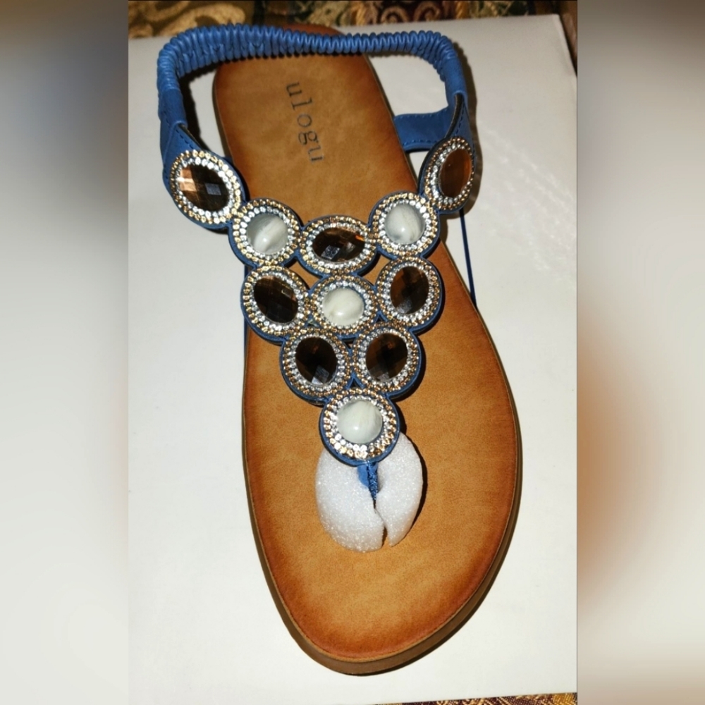 Womens Flat Sandals with Elastic Back Jewel Design on Thong Flip Flop Boho 7.5 - Picture 2 of 6